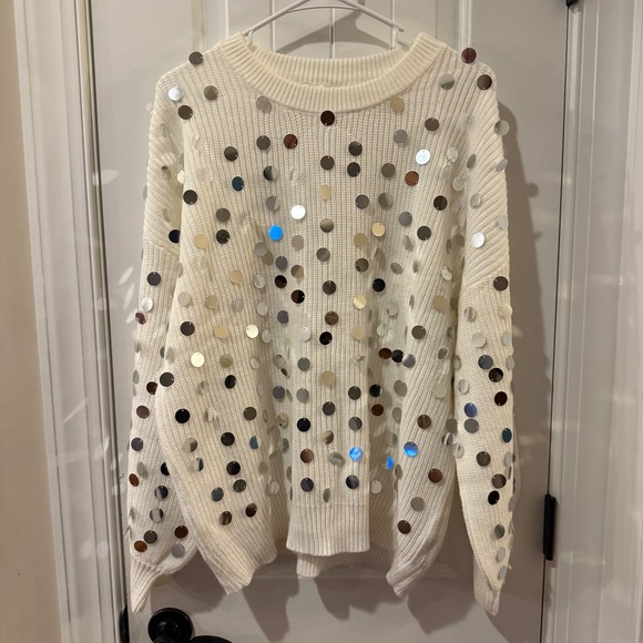 Carole Christian Sweaters - Carole Christian White Sequin Knit Sweater Silver Disc Embellished Holiday Small